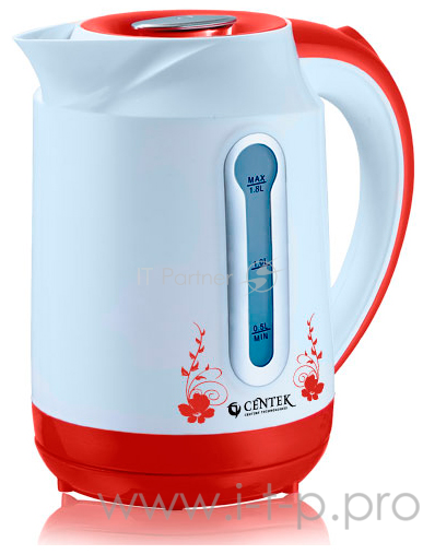 Чайник Centek CT-1035 (бел/красный) пластик, 1.8л, 2200Вт, уровень воды, рисунок на корпусе