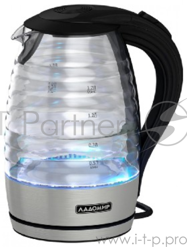 Чайник ЛАДОМИР 124 стекло Мощность 2000Вт. Объем 1,7л. Материал корпуса стекло/пластик. Нагревательный элемент высокоэффективный скрытый. LED-подсветка основания колбы. Чайник оснащен защитой от включения без воды и автоматическим отключением при зак