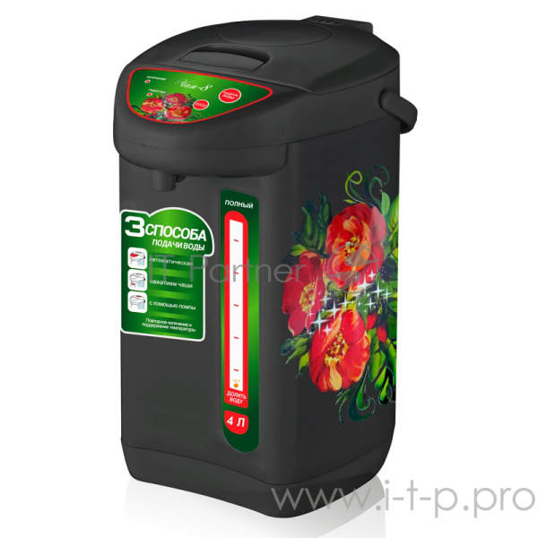 Чайник-термос Вел. реки Чая-8 хохлома, 800 Вт, 5,6 л, полезный 4 л, металл корпус, колба из нерж. стали, съемный шнур