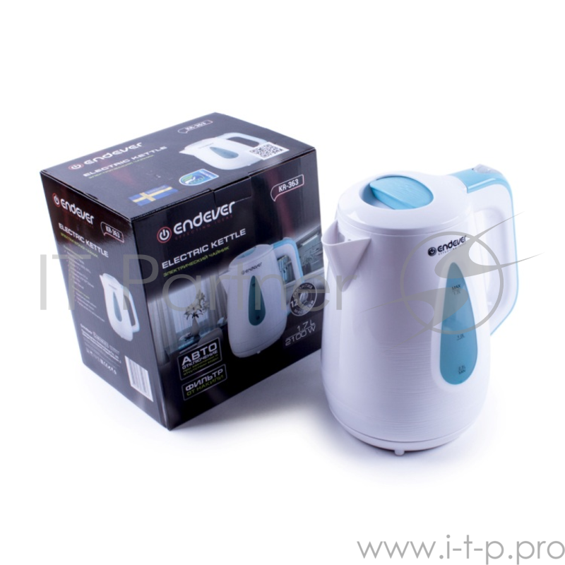 Чайник электрический Endever Skyline KR-363, белый-синий, мощность 2100 Вт, емкость 1,7 л, пластиковый корпус, скрытый нагрев.элемент .