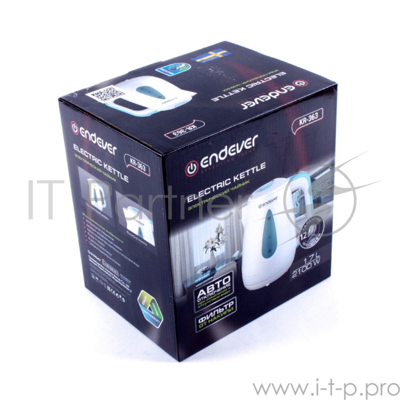 Чайник электрический Endever Skyline KR-363, белый-синий, мощность 2100 Вт, емкость 1,7 л, пластиковый корпус, скрытый нагрев.элемент .