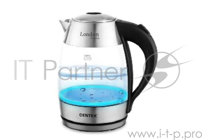 Чайник Centek CT-0059 London, стекло, 1.8л, 2200Вт, LED-подсветка, отделка нерж.