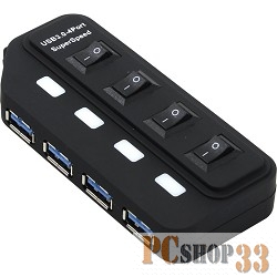 Контроллер ORIENT BC-306PS, USB 3.0 HUB 4 Ports, c БП-зарядником 2xUSB (5В, 2.1А), выключатели на каждый порт, черный