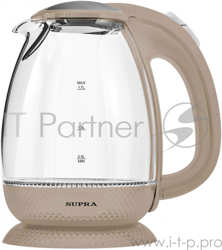 Чайник. SUPRA KES-2172 beige ( Корпус из термостойкого стекла. Внутренняя подсветка.Закрытый нагревательный элемент. Максимальный объем 1.7 л.. Мощность 2200Вт. Съемный моющийся фильтр. Двусторонний индикатор уровня воды)