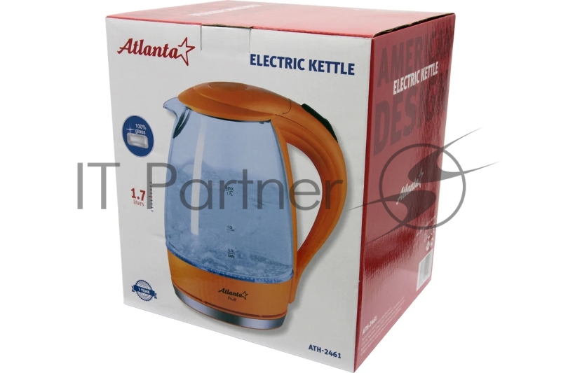 Чайник ATLANTA, ATH-2461 оранж, Стекло, 1,7л, 2000Вт, оранжевый, иллюминация.
