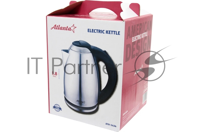 Чайник ATLANTA, ATH-2434 черн, нержавейка Металл, 1,8л, 1500Вт, коричн/стальной, автомат откл, защита от перегрева без воды