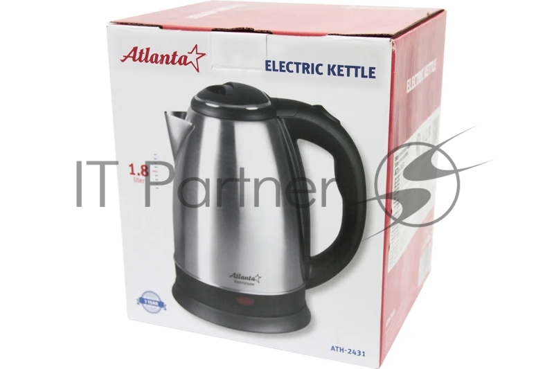 Чайник ATLANTA, ATH-2431 черн, нержавейка Металл, 1,8л, 1500Вт, стальной, фильтр от накипи, поворот на 360С, автомат откл, защита от перегрева без воды, .