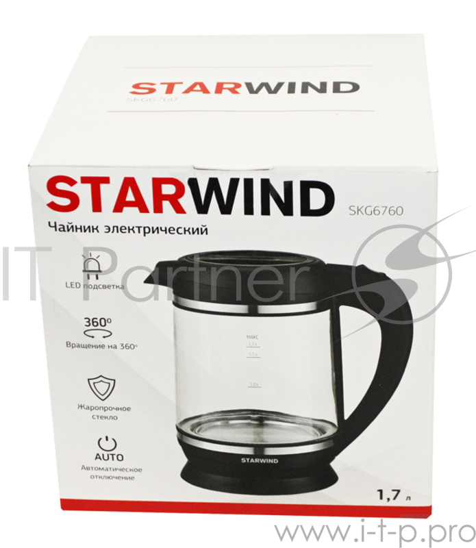 Чайник электрический Starwind SKG6760 1.7л. 2200Вт черный (корпус: стекло)