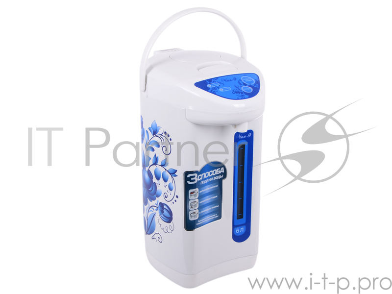 Термопот Великие Реки Чая-9 гжель, 800 Вт, 6 л, полезный 4,6 л, металл корпус, колба из нерж. стали, съемный шнур