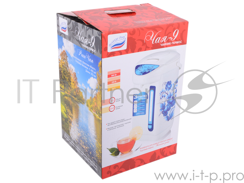 Термопот Великие Реки Чая-9 гжель, 800 Вт, 6 л, полезный 4,6 л, металл корпус, колба из нерж. стали, съемный шнур