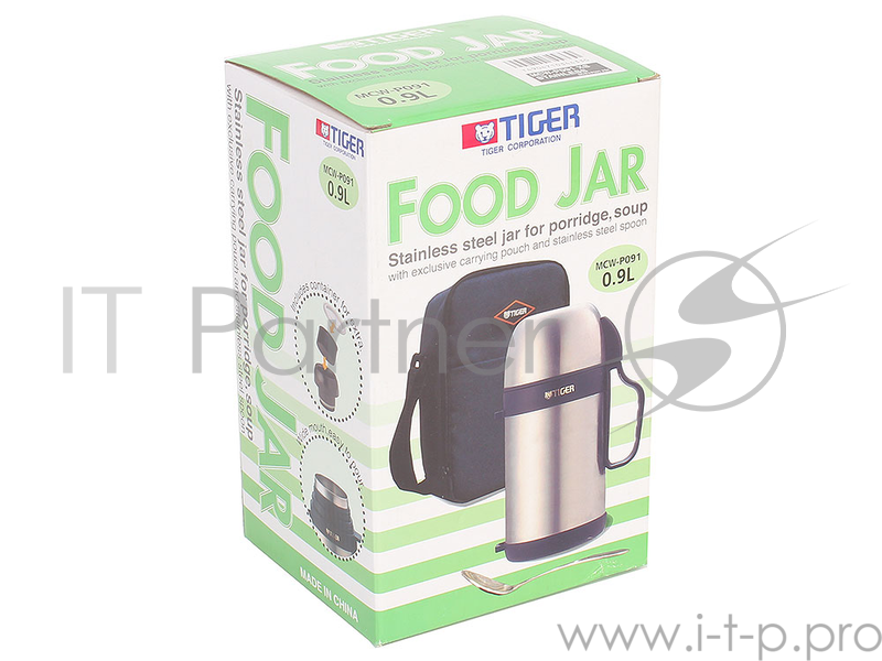 Термос с широким горлом Tiger MCW-P091 Stainless, 0.9 л (нержавеющая сталь, цвет стальной, горловина 6 см, крышка-кружка, емкость для соусов, ложка, с