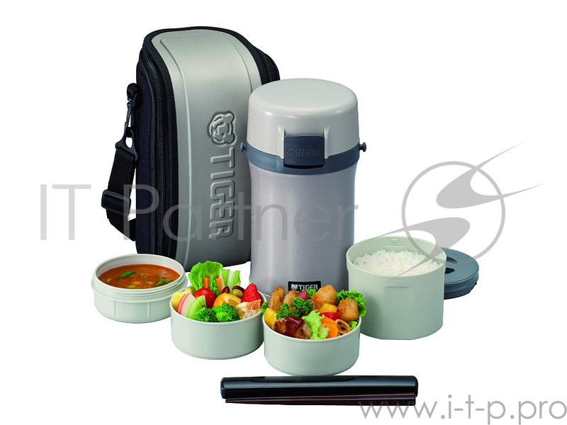 Термос для еды с контейнерами Tiger LWU-F200 Warm Silver (цвет серебряный, в комплекте контейнеры 0,61л, 2x0,3л, 0,27л, жесткий чехол с регулируемым н
