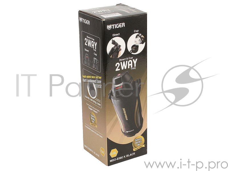 Термос спортивный Tiger MBO-E080 Black, 0.8 л (нержавеющая сталь, цвет крышки черный, цвет термоса стальной)
