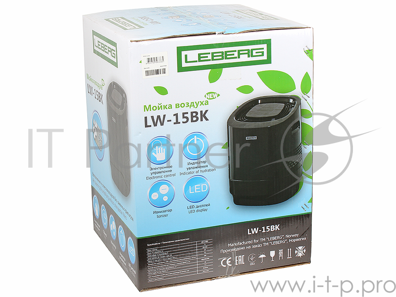 Очиститель воздуха (Мойка) Leberg LW-15BK (Черный) Мощ. 15 Вт, пл 28 м.кв., ём-ть 6.2л, расход 400мл/ч, Ion, ШхВхГ 300x435x330, вес 5.7 кг