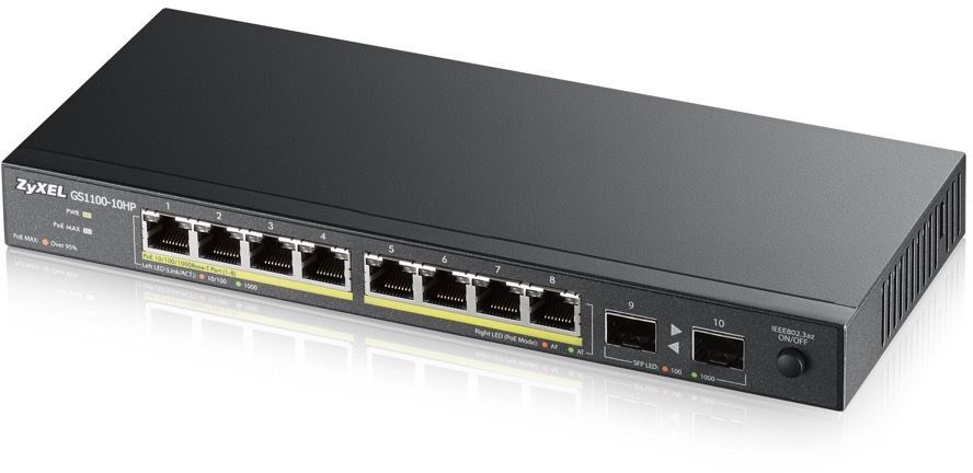Сетевое оборудование ZyXEL GS1100-10HP-EU0101F Коммутатор PoE 8x Gigabit, 2x Fiber Uplink, 120 Watt PoE