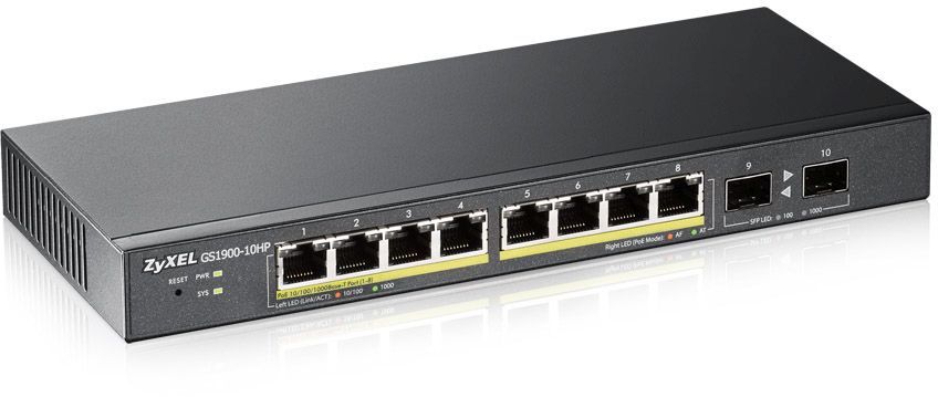 Сетевое оборудование ZyXEL GS1900-10HP-EU0101F Коммутатор 8-port GbE L2 PoE Smart Switch + 2 SFP slots, 802.3at, desktop, fanless, 70 Watt