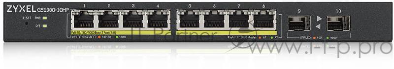 Сетевое оборудование ZyXEL GS1900-10HP-EU0101F Коммутатор 8-port GbE L2 PoE Smart Switch + 2 SFP slots, 802.3at, desktop, fanless, 70 Watt