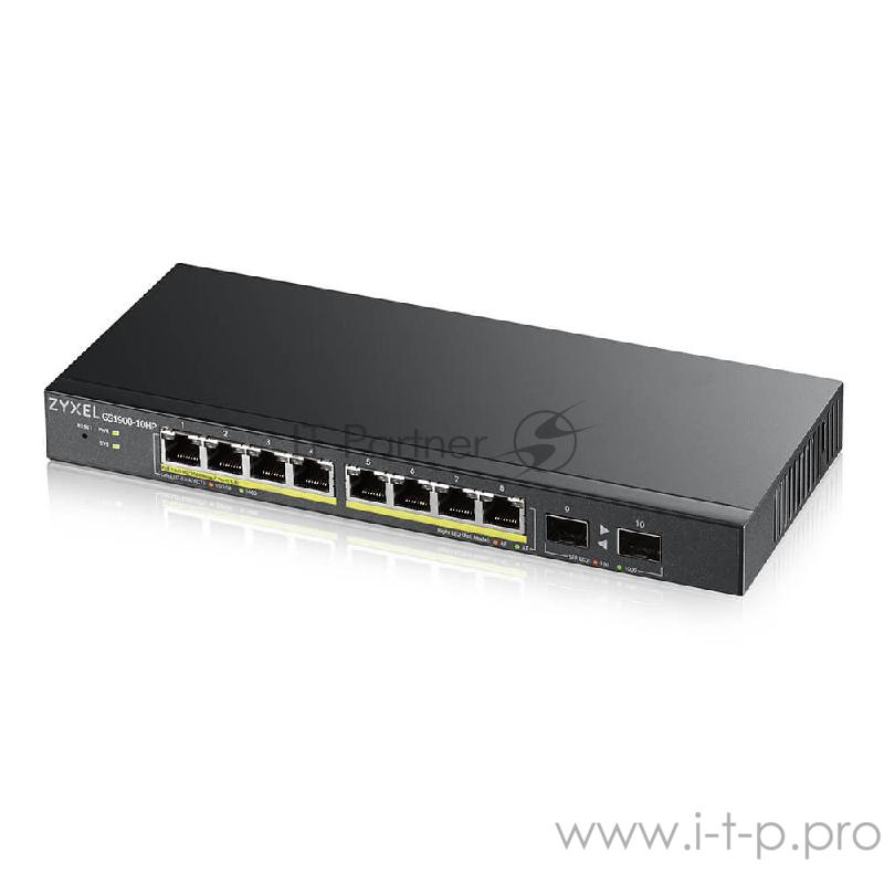 Сетевое оборудование ZyXEL GS1900-10HP-EU0101F Коммутатор 8-port GbE L2 PoE Smart Switch + 2 SFP slots, 802.3at, desktop, fanless, 70 Watt