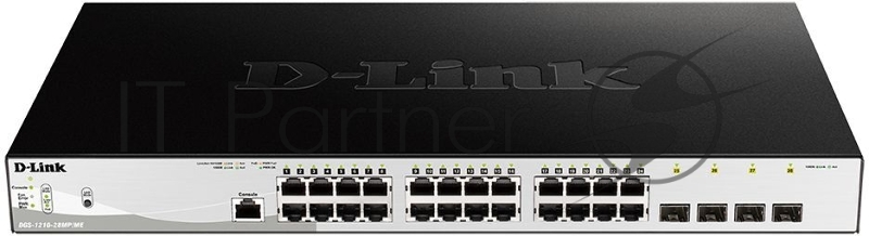 Сетевое оборудование D-Link DGS-1210-28MP/ME/B1A Управляемый коммутатор 2 уровня с 24 портами 10/100/1000Base-T и 4 портами 1000Base-X SFP (24 порта с поддержкой PoE 802.3af/802.3at (30 Вт), PoE-бюджет 370 Вт)