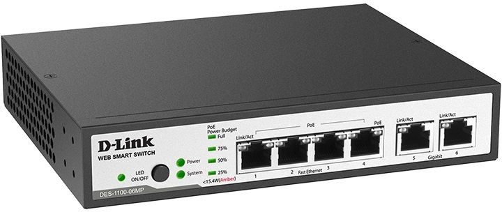 Сетевое оборудование D-Link DES-1100-06MP/A1A Настраиваемый коммутатор 2 уровня с 4 портами 10/100Base-TX с поддержкой PoE и 2 портами 10/100/1000Base-T