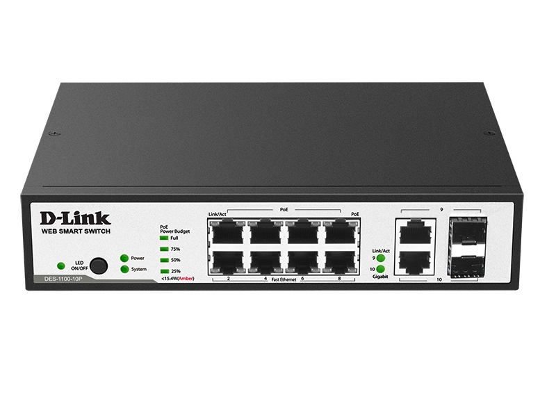 Сетевое оборудование D-Link DES-1100-10P/A1A Настраиваемый коммутатор 2 уровня с 8 портами 10/100Base-TX с поддержкой PoE и 2 комбо-портами 100/1000Base-T/SFP