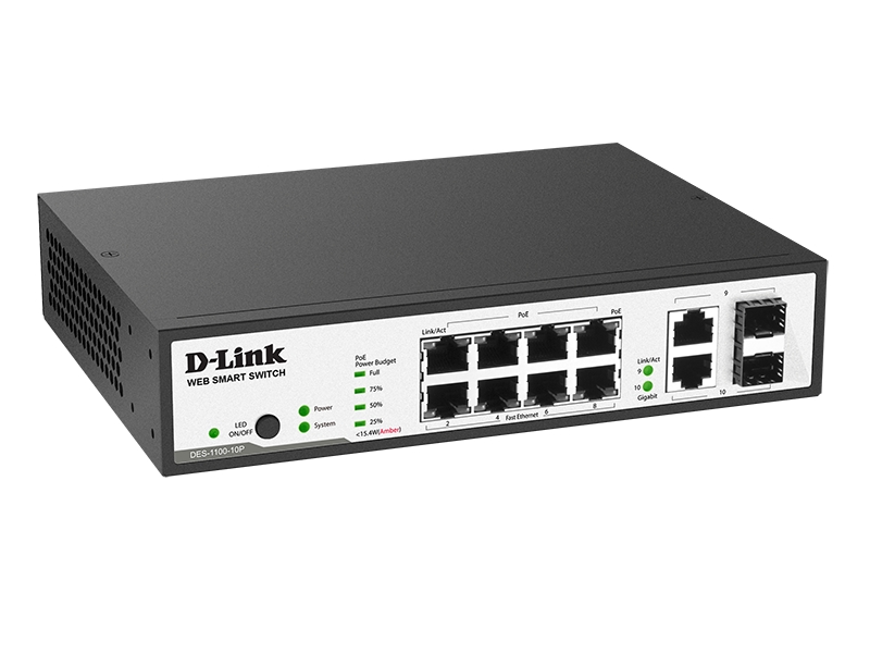 Сетевое оборудование D-Link DES-1100-10P/A1A Настраиваемый коммутатор 2 уровня с 8 портами 10/100Base-TX с поддержкой PoE и 2 комбо-портами 100/1000Base-T/SFP