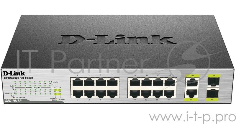 Сетевое оборудование D-Link DES-1018P/A2A Неуправляемый коммутатор с 16 портами 10/100BASE-TX (8 портов с поддержкой PoE) и 2 комбо-портами 10/100/1000BASE-T/SFP и функцией энергосбережения