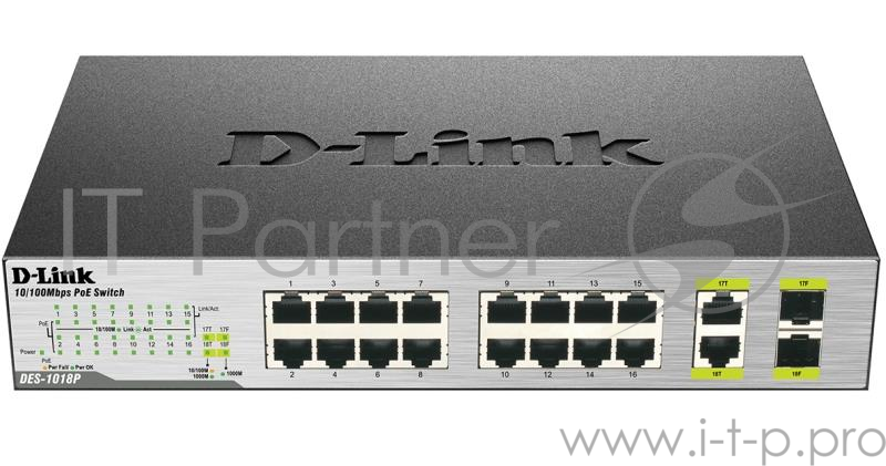 Сетевое оборудование D-Link DES-1018P/A2A Неуправляемый коммутатор с 16 портами 10/100BASE-TX (8 портов с поддержкой PoE) и 2 комбо-портами 10/100/1000BASE-T/SFP и функцией энергосбережения