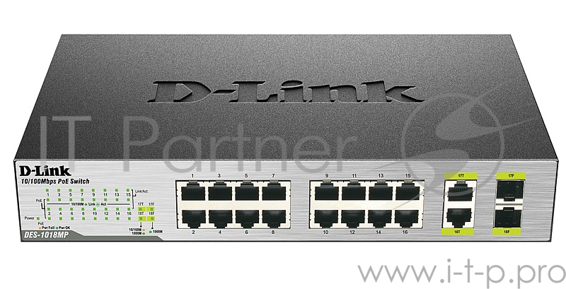 Сетевое оборудование D-Link DES-1018MP/A1A Коммутатор с 16 портами 10/100BASE-TX с поддержкой PoE +2 комбо-порта 10/100/1000BASE-T/SFP