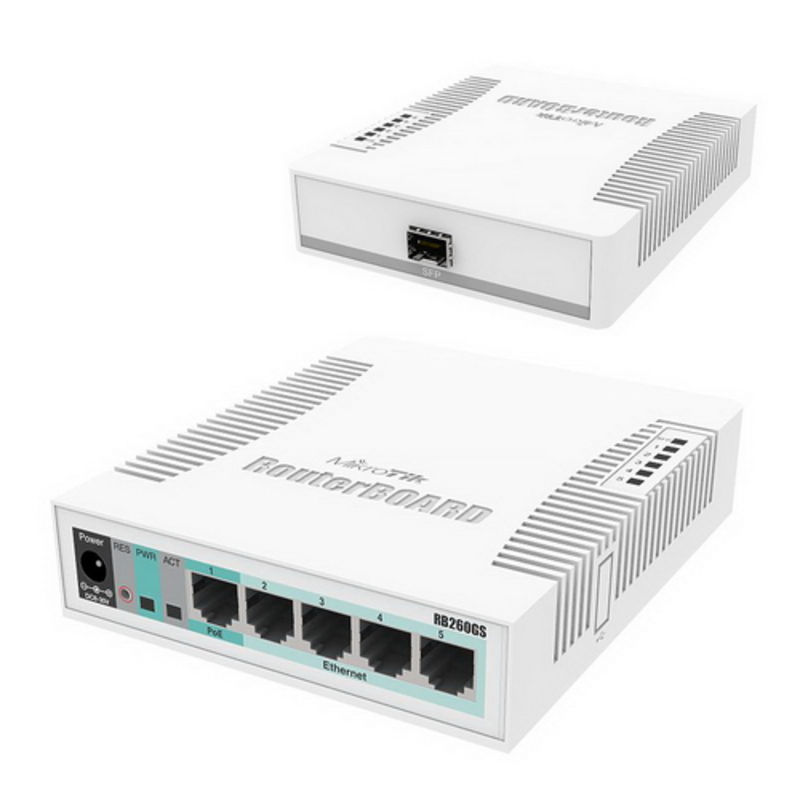 Сетевое оборудование MikroTik RB260GS Коммутатор RouterBOARD 260GS 5-port Gigabit smart switch with SFP cage, SwOS, plastic case, PSU