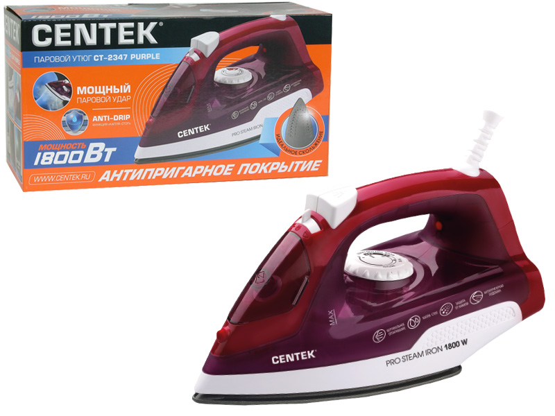 Утюг Centek CT-2347 PURPLE (пурпур) 1800Вт, антипригар. подошва, паровой удар, самоочистка, 200мл