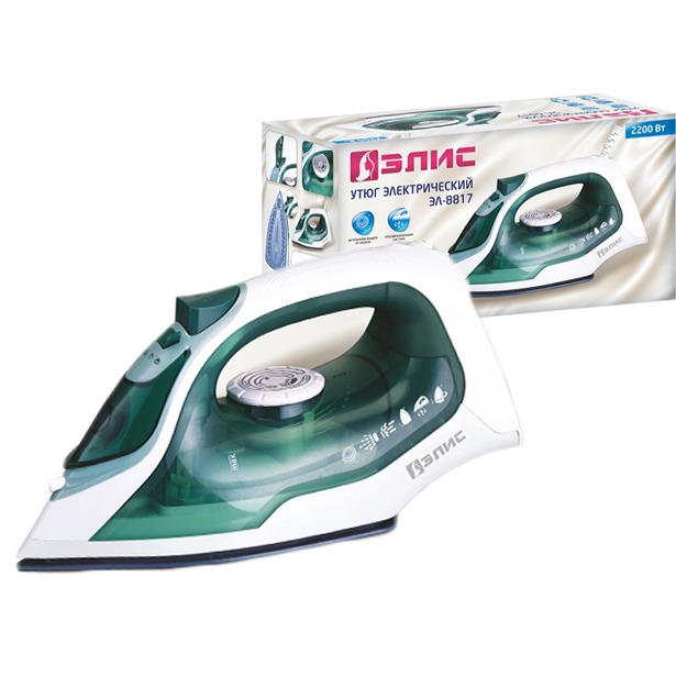 Утюг электрический ЭЛИС ЭЛ-8817 (10) (мощность 2200В, керамическая подошва, система самоочистки, встроенная защита от накипи, функция разбрызгивания, вертикальное отпаривание, мерный стаканчик)
