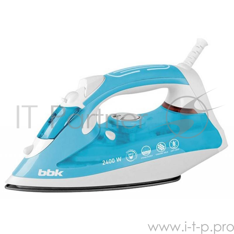 Утюг BBK ISE-2400 бирюзовыйМощность 2400 Вт, паровой удар, вертикальное отпаривание, плавные регулировки подачи пара и температуры, керамическое покрытие подошвы, Anti-calcium, Self-Cleaning, противокапельная система.