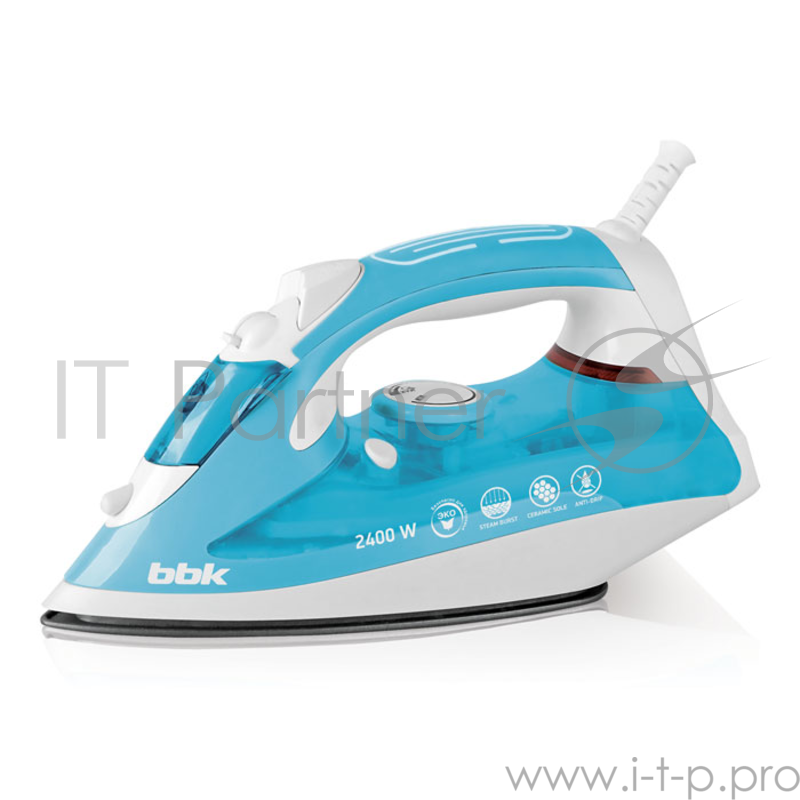 Утюг BBK ISE-2400 бирюзовыйМощность 2400 Вт, паровой удар, вертикальное отпаривание, плавные регулировки подачи пара и температуры, керамическое покрытие подошвы, Anti-calcium, Self-Cleaning, противокапельная система.