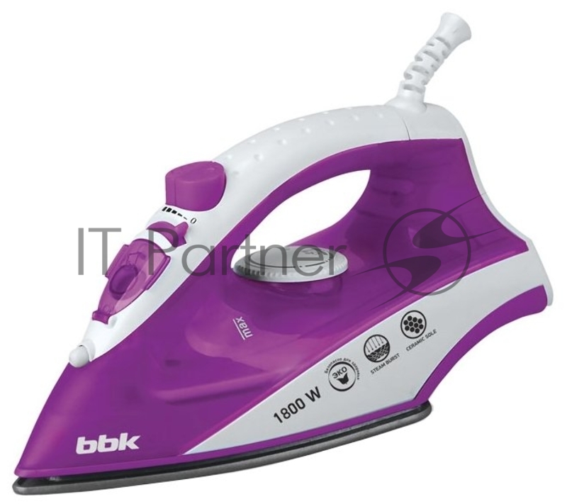 Утюг BBK ISE-1802 фиолетовыйМощность 1800 Вт, паровой удар, вертикальное отпаривание, плавные регулировки подачи пара и температуры, керамическое покрытие подошвы, Anti-calcium.