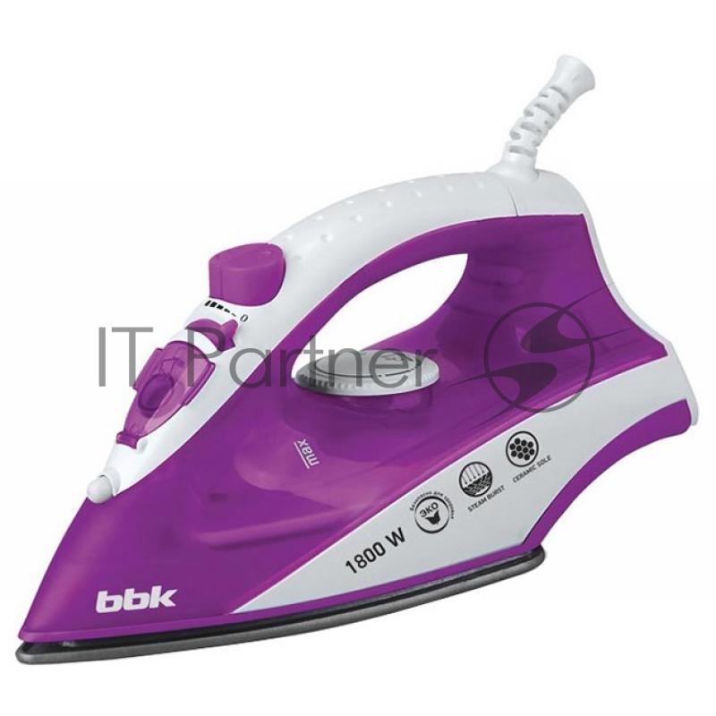 Утюг BBK ISE-1802 фиолетовыйМощность 1800 Вт, паровой удар, вертикальное отпаривание, плавные регулировки подачи пара и температуры, керамическое покрытие подошвы, Anti-calcium.