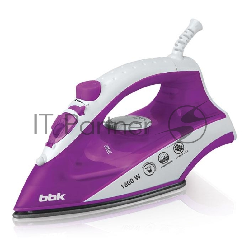 Утюг BBK ISE-1802 фиолетовыйМощность 1800 Вт, паровой удар, вертикальное отпаривание, плавные регулировки подачи пара и температуры, керамическое покрытие подошвы, Anti-calcium.