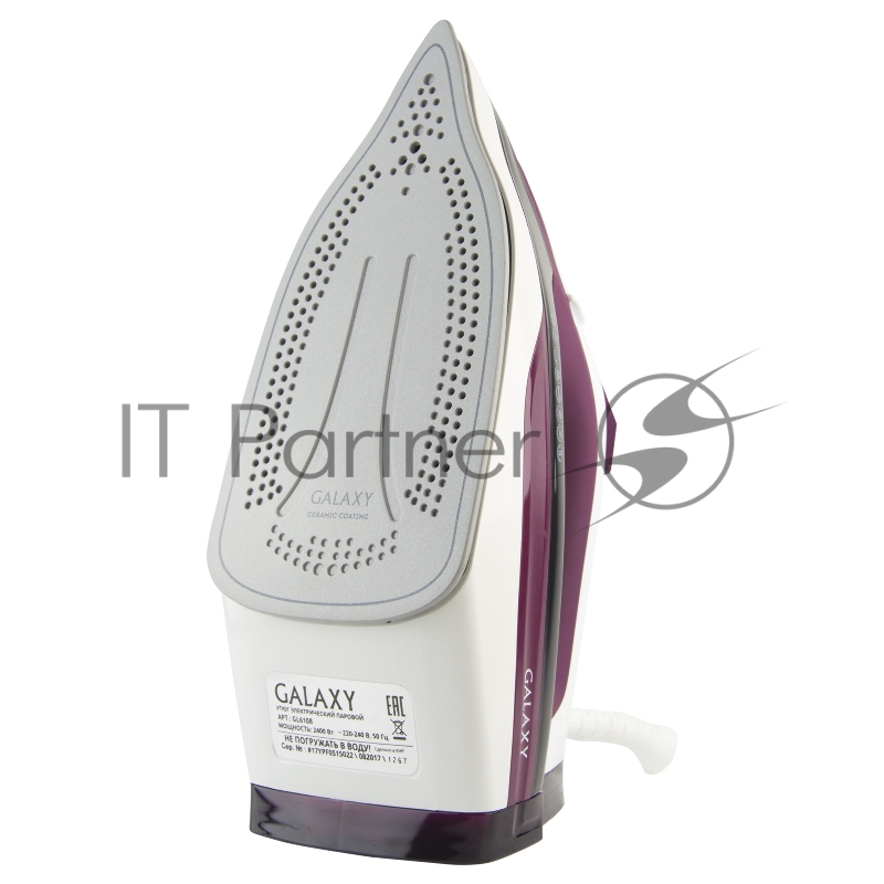 Утюг GALAXY GL 6108 2400 Вт, керамическое покрытие подошвы, уплотнитель крышки резервуара, функции: «автоотключение», «самоочистка», «антикапля», «антинакипь», индикатор автоотключения, указатель максимального уровня воды, индикатор нагрева, вертика
