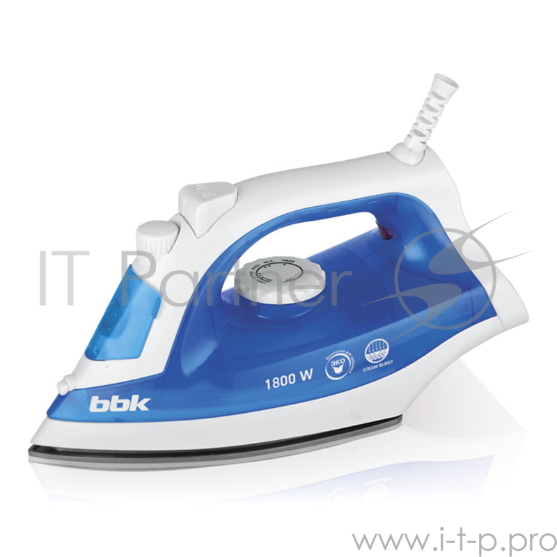 Утюг BBK ISE-1801 голубойМощность 1800 Вт, паровой удар, вертикальное отпаривание, плавные регулировки подачи пара и температуры, керамическое покрытие подошвы, Anti-calcium.
