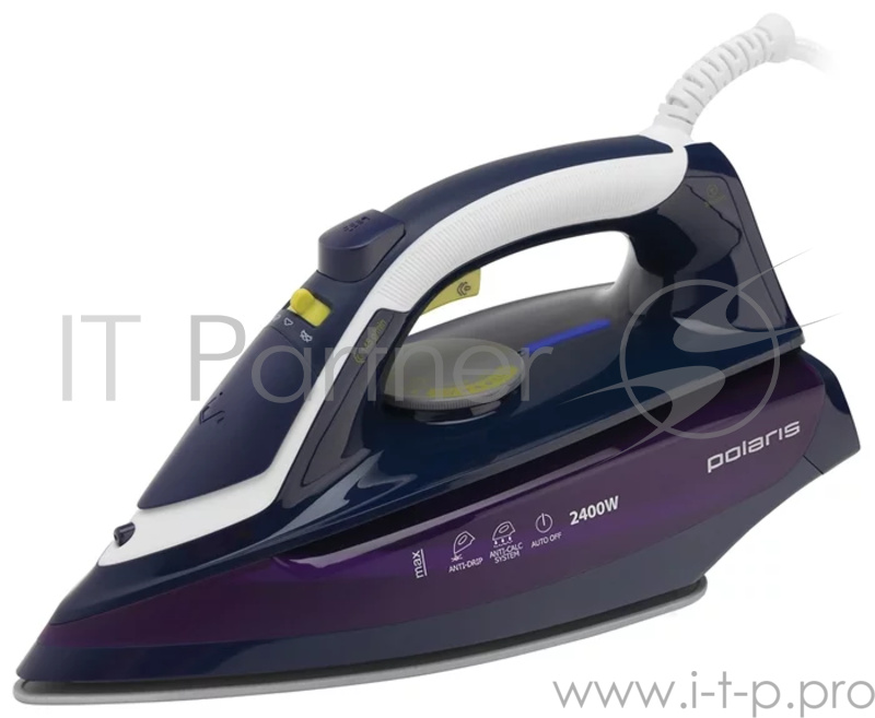 Утюг POLARIS PIR 2480AK керамическая подошва постоянная подача пара, вертикальное отпаривание, паровой удар, автоматическое отключение, система самоочистки, противокапельная система мощность подачи пара до 45 г/мин