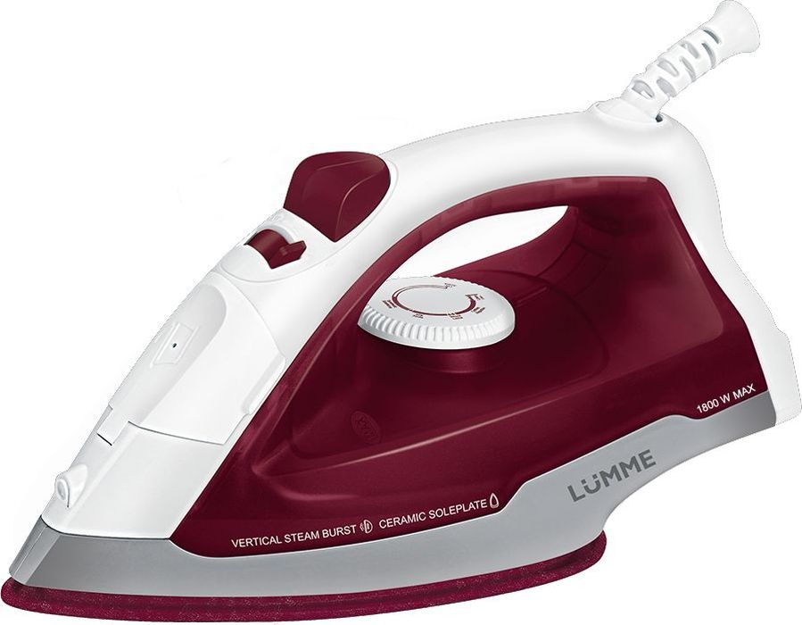 Утюг LUMME LU-1130 бордовый гранат Max.1800W рабочая поверхность с тефлоновым покрытием, 3 режима работы: сухое глажение, отпаривание, разбрызгивание воды, подача пара 30г/мин, индикатор работы, объем резервуара 150мл, стаканчик в комплекте