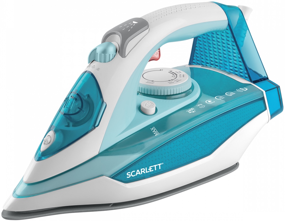 Утюг Scarlett SC-SI30K33 гол, 2400Вт, подошва KeramoPro, 145/45г/мин, верт. отпар., V-380мл, самоочистка, защита от накипи, капля-стоп, белый/голубой.