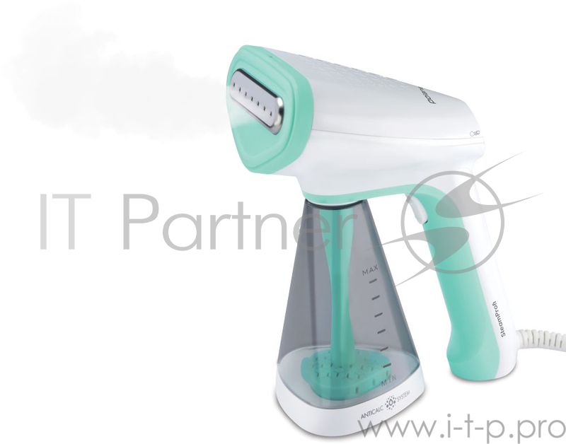 Отпариватель ручной Polaris PGS 1518CA бел/мятн, 1500Вт, рез-р 260мл, пост пар 26г/мин, готовность к работе за 35сек, 2 режима, Адаптер Bottle+ для использования бутилированной воды, автоотключение через 8мин, насадка-щетка.