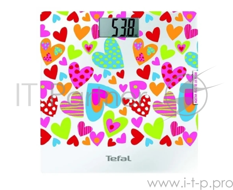 Весы напольные Tefal PP1121V0 Весы Classic Fashion Love, уникальный дизайн от Agatha De La Prada, ультра-тонкая стеклянная платформа, широкий ЖК дисплей, максимальный вес 160 кг, шаг измерения 100г, питание: литиевая батарейка 3 В в комплекте