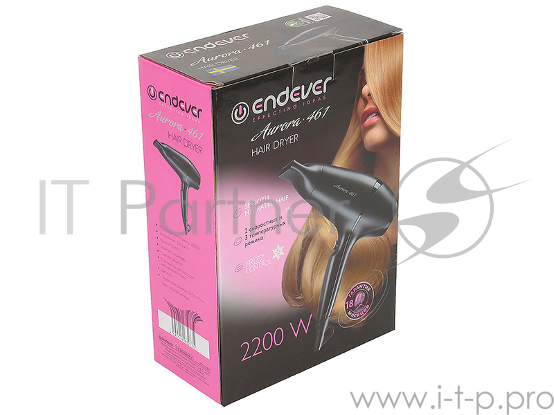 Фен Endever Aurora 461, Мощность 2200 Вт, Режим «холодный воздух», 3 температурных режима, 2 скоростных режима, Удобная петелька