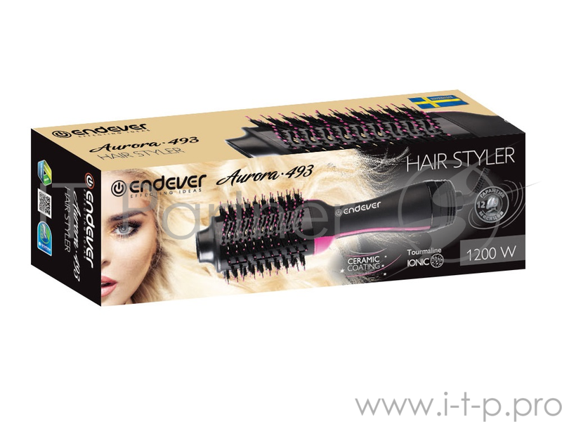 Фен-расческа Endever Aurora 493, цвет черный/розовый, Мощность 1200 Вт, Нагрев до 180
