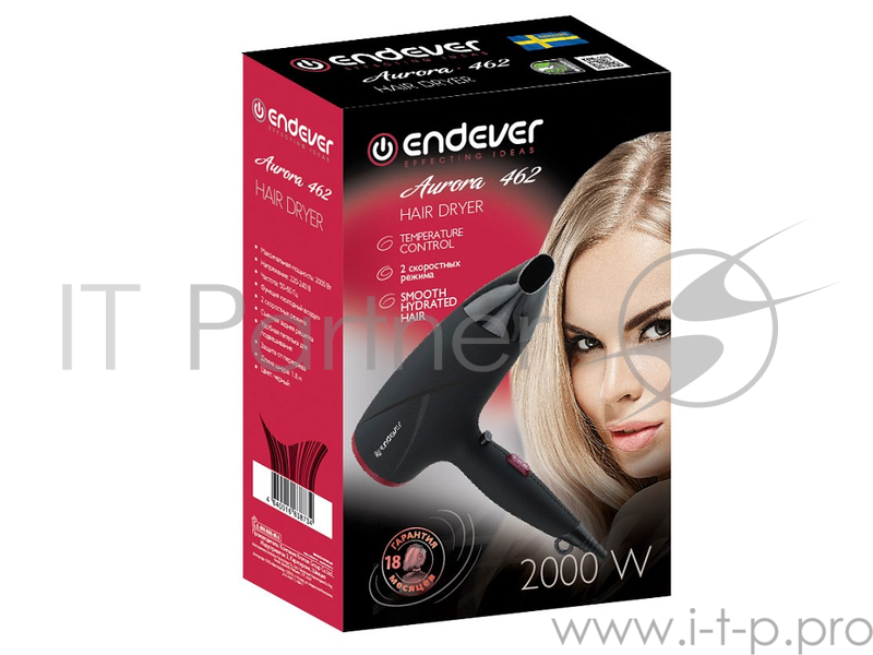 Фен Endever Aurora 462, 2000Вт, 2 режима мощности, 3 температурных режима, холодный воздух, SOFT TOUCH, защита от перегрева