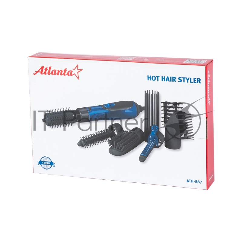 Фен-щетка ATLANTA, ATH-887 голуб, 500Вт, 2 скорости, вращение-фиксация насадки, защита от перегрева, 7 насадок.