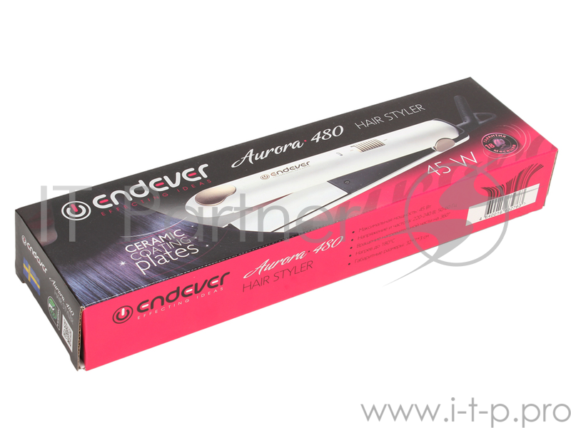 Стайлер (Щипцы для выпрямления волос) Endever Aurora 480, Мошность 45 Вт, Вращение нагревательной части на 360°, Нагрев до 180°, покрытие Ceramic coat