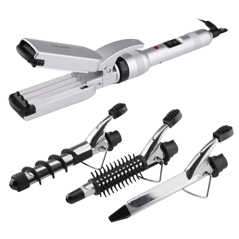 Щипцы GALAXY GL 4701 набор для укладки(Набор для укладки мощность 30 Вт, макс. температура 155°С, нагреват. элемент с защитой от перегрева, основные насадки- двусторонние: поверхность для» гофре» и гладкая поверхность для выпрямления волос, 3 доп. на